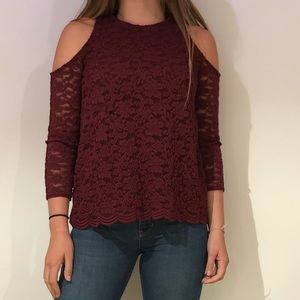 Maroon lace open-shoulder long sleeve top